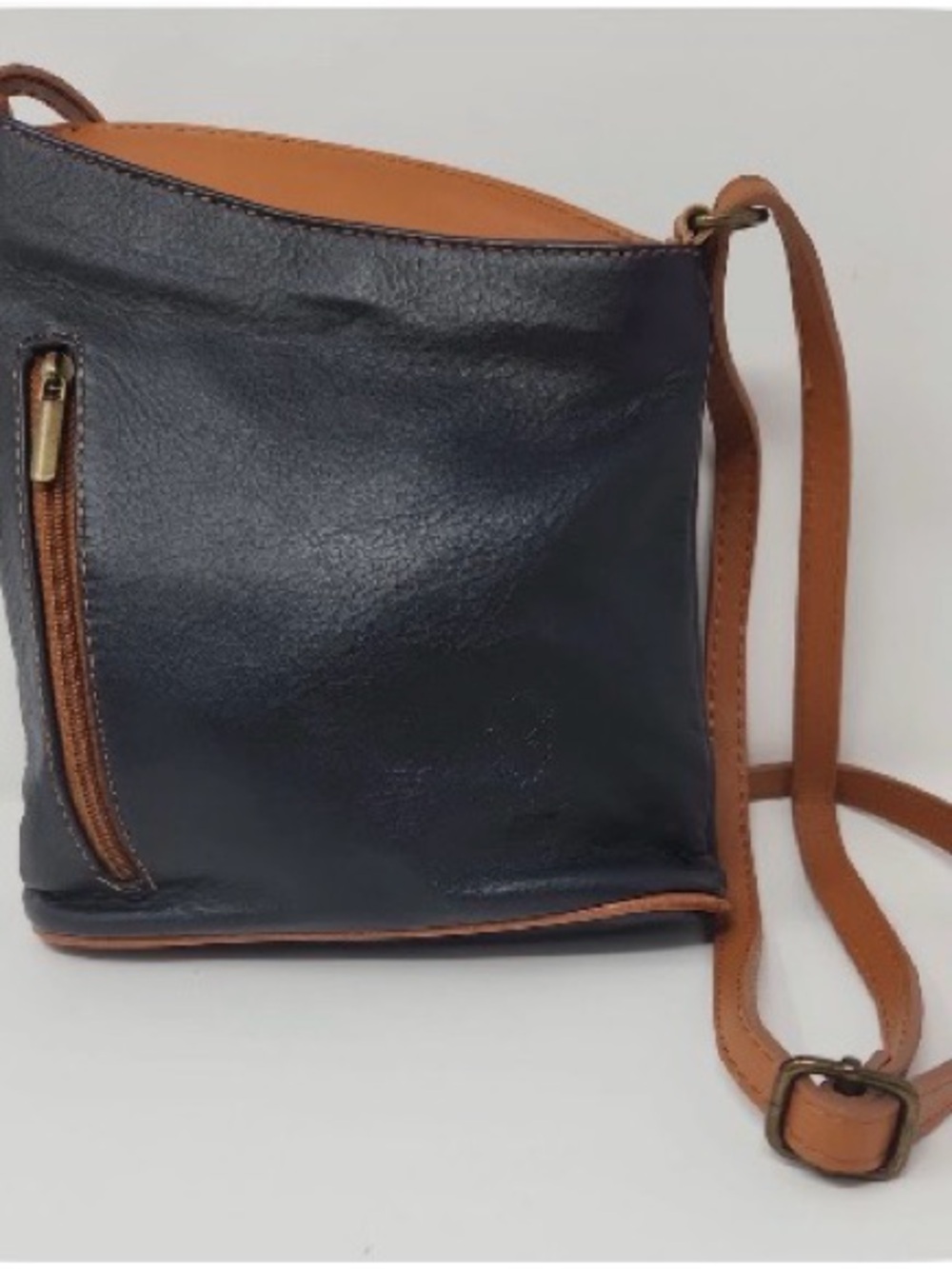 Vera Pella Leather Crossbody Bag in Navy and Tan